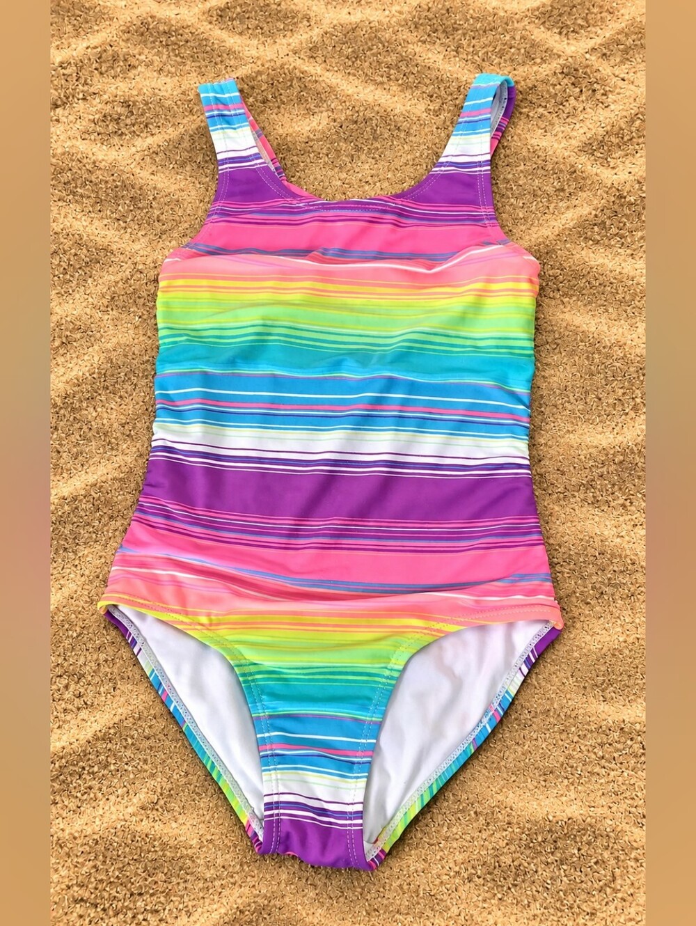 SO Girls Size 7/8 Rainbow Stripe Open Back One Piece Swimsuit